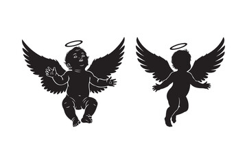 Two black silhouettes of cherubic angels with wings and halos