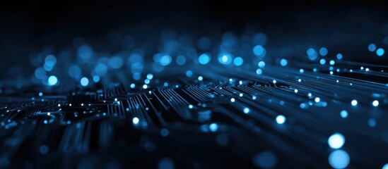 Abstract blue light trails and bokeh on a dark circuit board background.