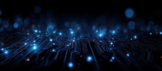 Glowing blue circuit board traces against a dark background with bokeh.