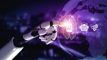 Fototapeta premium AI Assistant Brain Processor with LLM Technology, Big Data, Machine Learning, Generative AI for Business Support, Future Agentic AI Technology and Artificial Intelligence Prompt Engineering. Vouch