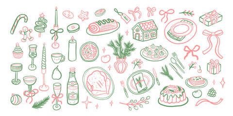 Set of charming whimsical vintage Christmas outline illustrations of festive food, tableware and drinks for invitations, greeting cards, menus, posters, products, blogs, web design
