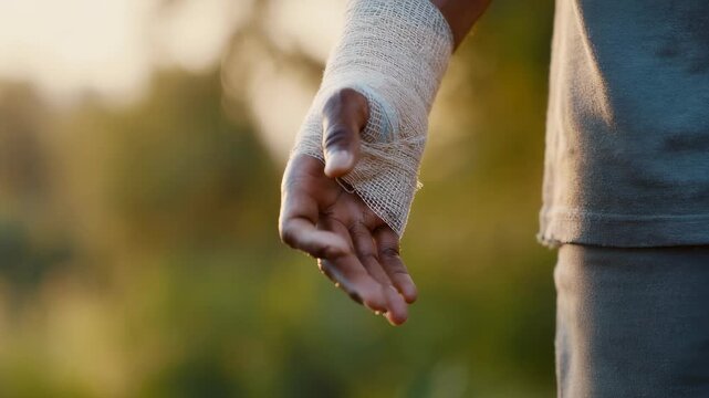Closeup of a black mans injured hand with a white bandage on his wrist. Health and medical aid concept for first aid or wound care.