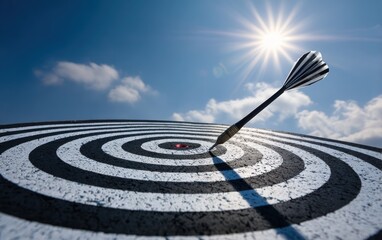 Dart hits bullseye on target under bright sun and blue sky.