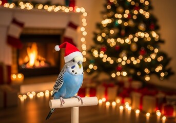 Blue Budgerigar Wearing Santa Hat by the Fireplace – Christmas Tree Lights and Holiday Home Decor Background
