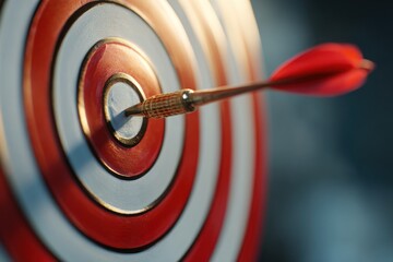 Dart hits bullseye on target with red white and gold rings.