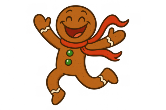 Happy gingerbread man wearing red scarf running and jumping, celebrating christmas holidays, transparent background - Powered by Adobe
