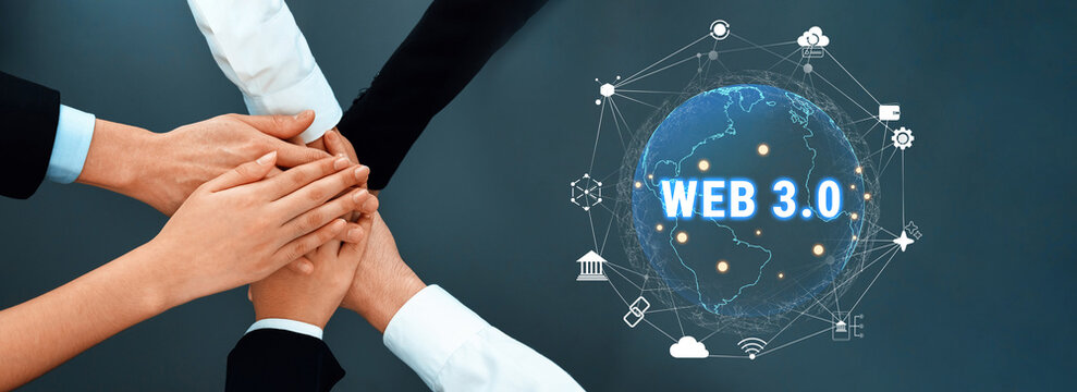 A powerful visual representing collaboration in a digital age, showcasing diverse hands around a globe with Web 3.0 elements illustrating connection and innovation. Trope - Powered by Adobe
