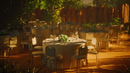 Tables adorned with white linens and floral centerpieces create a peaceful outdoor dining scene. Sunlight filters through lush greenery, enhancing the tranquil atmosphere as evening approaches.