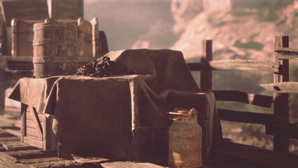 In a serene desert setting, wooden crates and a covered object sit on a weathered dock. The soft morning light creates a peaceful atmosphere, revealing the beauty of natures textures.