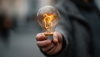 Hand holding glowing incandescent light bulb against blurred background