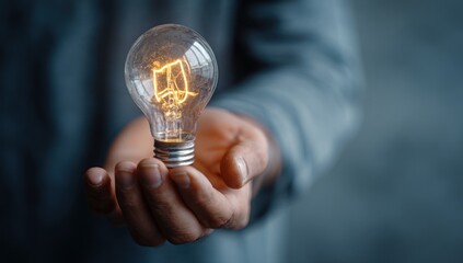 Hand holding a glowing incandescent light bulb against dark background.