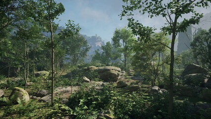 Fototapeta premium A serene forest scene filled with vibrant green trees and scattered rocks. Gentle sunlight breaks through the foliage, casting a warm glow on the peaceful ground below in early morning.