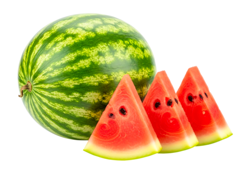 Fresh watermelon and slices isolated on transparent background, ready to eat