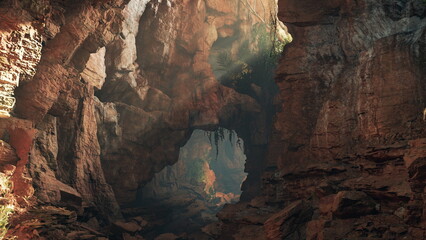 Deep inside a rugged cave, rays of sunlight filter through the rocky formation, creating an enchanting atmosphere. Shadows dance on the textured walls, inviting adventure and curiosity.
