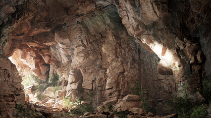 Sunlight streams through openings in a rocky cave, illuminating the rugged stone walls. Green plants emerge from crevices, creating a contrast of life among the ancient rocks.
