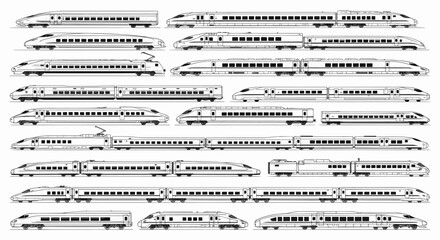 A comprehensive collection of modern high-speed bullet trains. Railway public transport vector illustration set