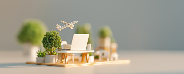 3D render of laptop with flying airplane and green plants. Concept of remote work, travel freedom and sustainable digital lifestyle