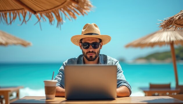 Bearded man in sunglasses works on laptop at beach cafe. Digital nomad freelancer enjoys remote job, ocean view. Entrepreneur represents success, freedom, modern work-life balance on tropical