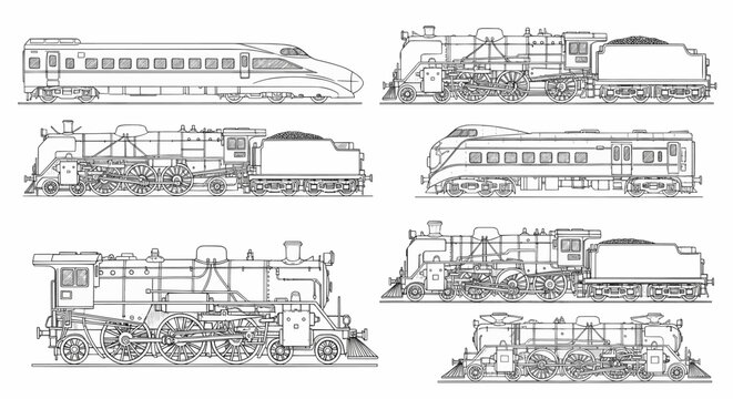 A comprehensive collection of classic steam locomotives and modern high-speed train vector illustration