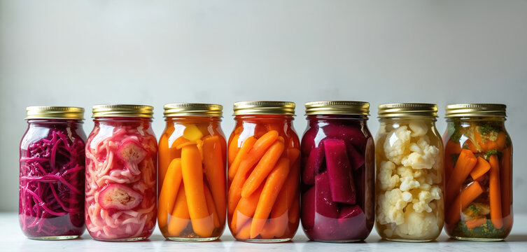 Variety of pickled vegetables in glass jars. Different colorful fermented foods perfect for healthy eating. Preserved homemade products. Vegan diet meal options for lifestyle nutrition
