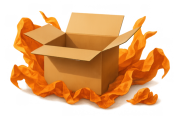 Open carton box with orange crumpled wrapping paper, concept of unboxing, delivery, shipping, and gift unwrapping on transparent background