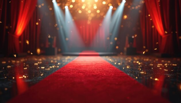 Red carpet event entrance with dramatic spotlights and falling confetti. Elegant curtains frame the scene, creating a luxurious atmosphere for a premiere or awards show.