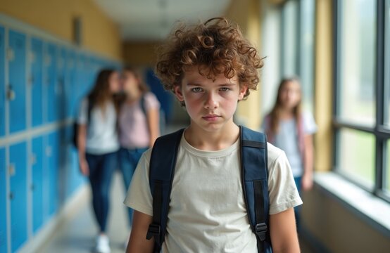 A young boy with curly hair looking at the camera in a school hallway. He has a backpack on with a concerned expression. Other students are blurred in the background near lockers.