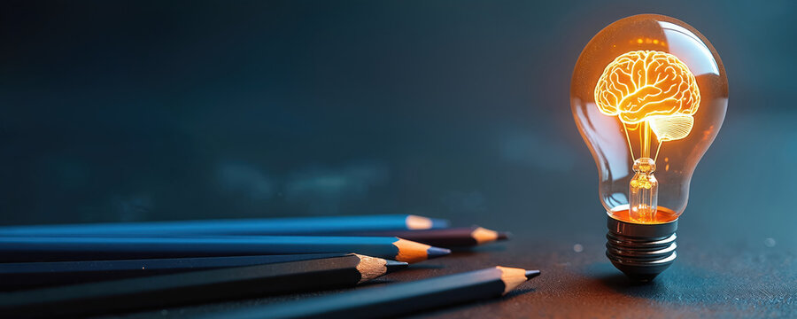 Illustration of glowing light bulb with brain symbol. Pencils beside. Study idea, education knowledge concept. Creative business concept. Learning brainstorming innovative ideas. Education tech,