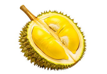 A halved durian fruit isolated on transparent background shows its creamy yellow flesh