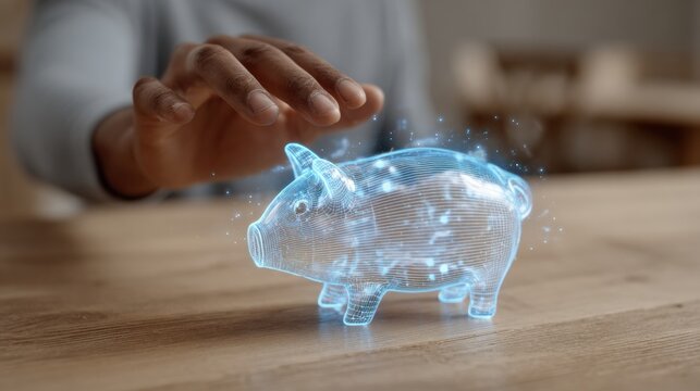 Hand Reaching Towards a Holographic Piggy Bank Symbolizing Savings and Digital Finance Concept - Powered by Adobe