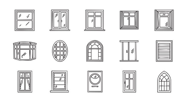 Variety of window styles in black and white line art illustration