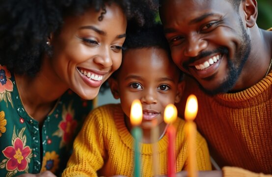 African American family with smiling parents, child. Mother, father, son celebrate Kwanzaa with burning candles. Family in traditional attire with colorful flowers. Parents, child with joyful faces.