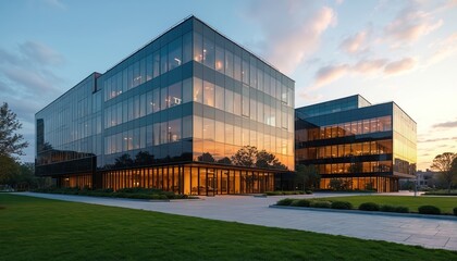 Exterior view of modern office building. Glass facade reflects sunset light. Green lawn stretches to structure. Photo corporate headquarters architecture with commercial real estate, urban design,