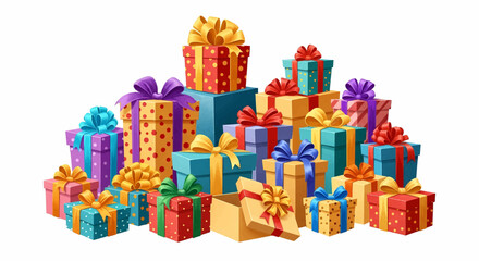 Obraz premium Large group of beautifully wrapped colorful presents and gift boxes with bows, a festive vector illustration