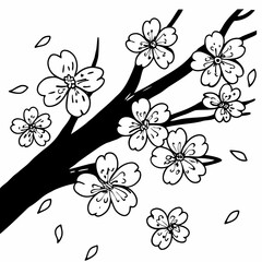 Pen Drawing of a Cherry Blossom Branch &ndash; Hand-Drawn Sakura Illustration, Floral Line Art, Botanical Sketch, Minimalist Ink Artwork on White Background&rdquo;