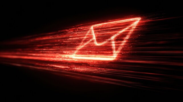 Bright Red Mail Symbol Glowing Against a Dark Background Showing Speed and Urgency in Digital Communication