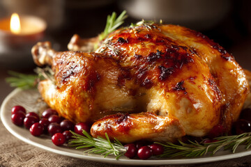 Fototapeta premium Golden roasted turkey garnished with rosemary and cranberries on serving plate