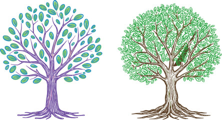 Colorful abstract tree with roots and branches, artistic hand-drawn nature illustration, green eco design, creative botanical artwork