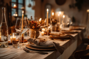 Fototapeta premium Evening scene with candles, wine glasses and plates