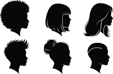 Modern hairstyle silhouettes collection, diverse male and female haircuts, fashion vector illustration, beauty salon concept, stylish hair design art