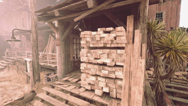 A quaint wooden shed stands surrounded by weathered planks and dry plants, featuring a neat stack of logs ready for use, all illuminated by the soft glow of dusk.