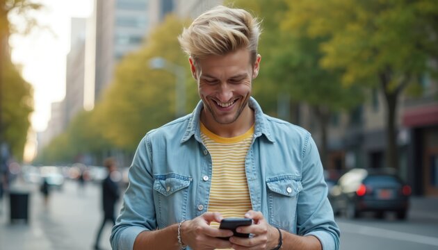 Young man smiles looking at smartphone on city street. Wears denim jacket, striped shirt, browsing internet apps outdoors during daytime with urban buildings in background. Connecting with people