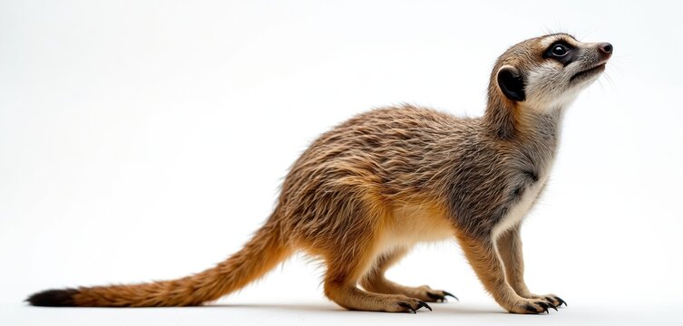 Studio photo of meerkat on white backdrop. Wildlife animal stands looking upwards. Curious mammal with brown fur isolated on white background. - Powered by Adobe