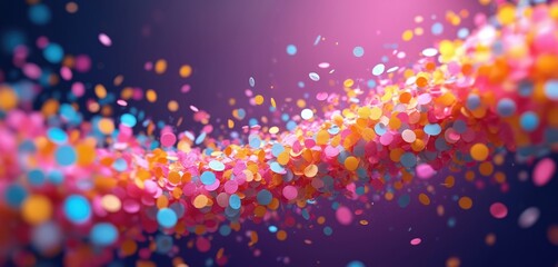 Colorful circular confetti streams across dark purple background. Small paper pieces float in air creating festive atmosphere, great for celebration design and party themes.