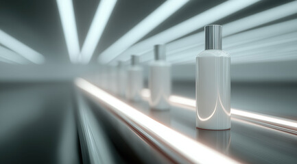 Elegant white cosmetic bottle positioned on sleek manufacturing production line environment.