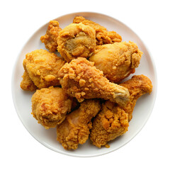 A generous serving of crispy golden brown fried chicken pieces piled high on a white plate isolated on transparent background