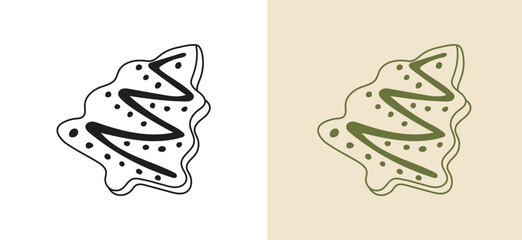 Whimsical hand-drawn doodle illustration of a baked gingerbread sugar cookie shaped like a fir tree, with detailed icing and sprinkles. Great line art vector for winter, baking, holiday treats.