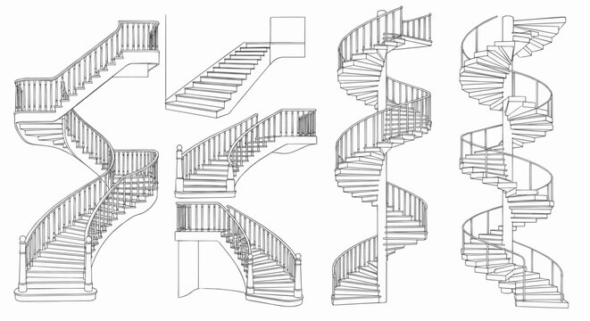 Collection of various architectural staircase designs including spiral and straight, a line art vector illustration