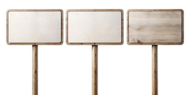 Three blank square wooden signs on wooden posts isolated on transparent background