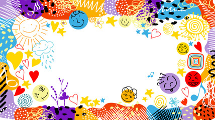 Horizontal cheerful decorative multicolored frame. Hand drawn. Not AI, vector illustration.